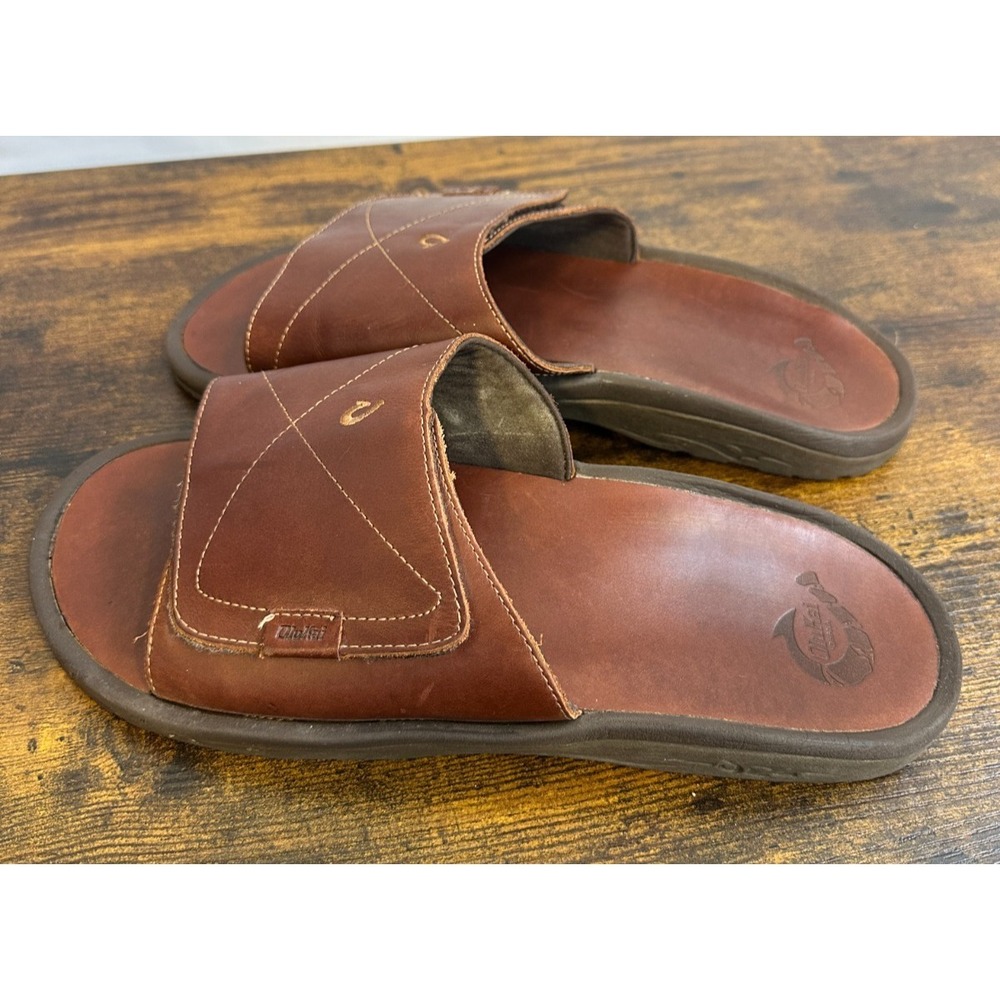 OluKai Ohana Leather Slide Mens 14 Brown Dark Wood Sandals 10137-4848 EUR 47 - Picture 6 of 14
